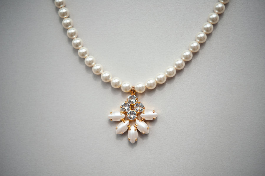 Mona Pearl Bridal Necklace with Crystal and Pearl Pendant - Sample Sale - No returns
