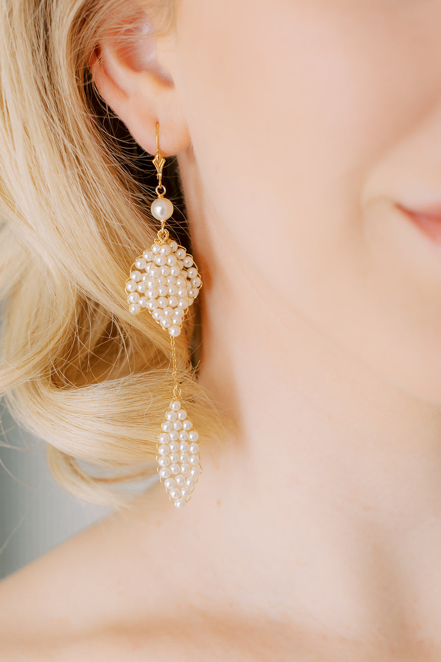 Saffron Pearl Leaf Bridal Earrings - Long
