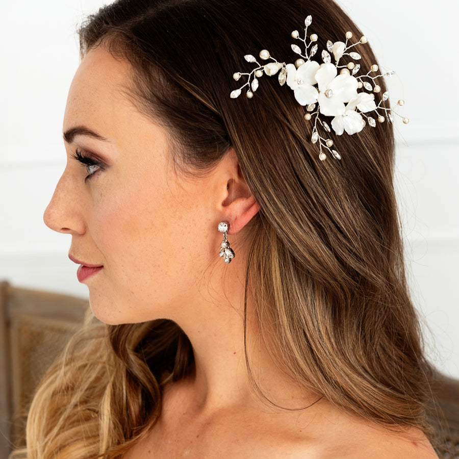 Bridal hair with wedding flower comb by Calgary Bridal Hairstylist