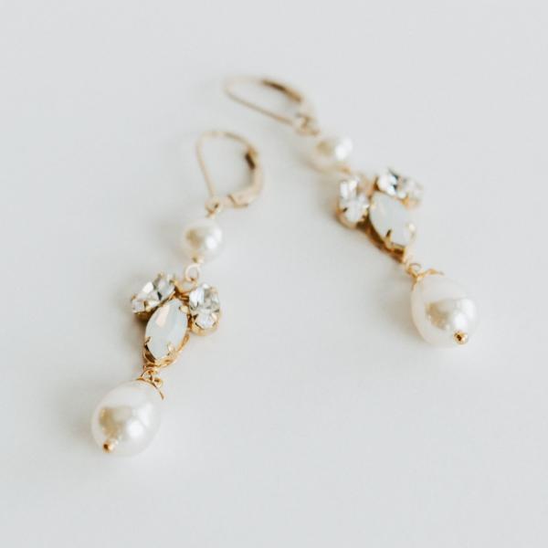 White opal and crystal earrings with cream pearl drop by Joanna Bisley Designs.