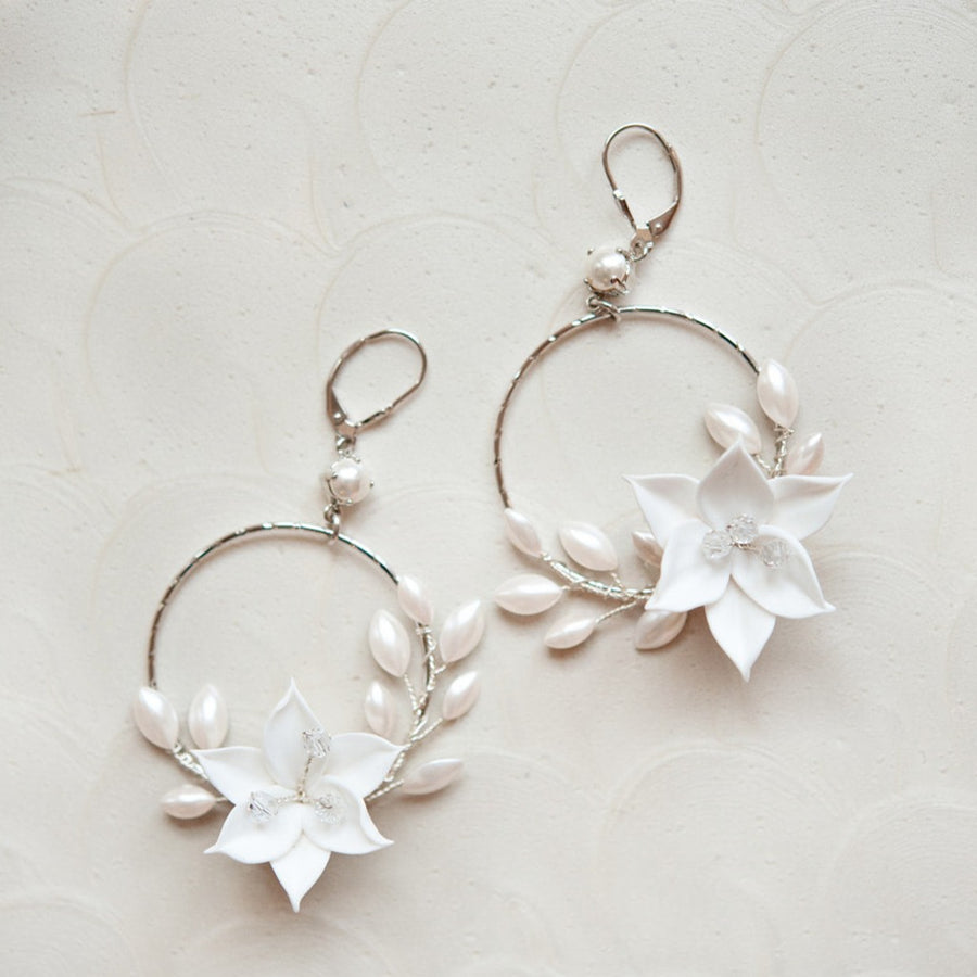 Penelope Flower and Pearl Bridal Statement Earrings - Sample Sale -  No Returns