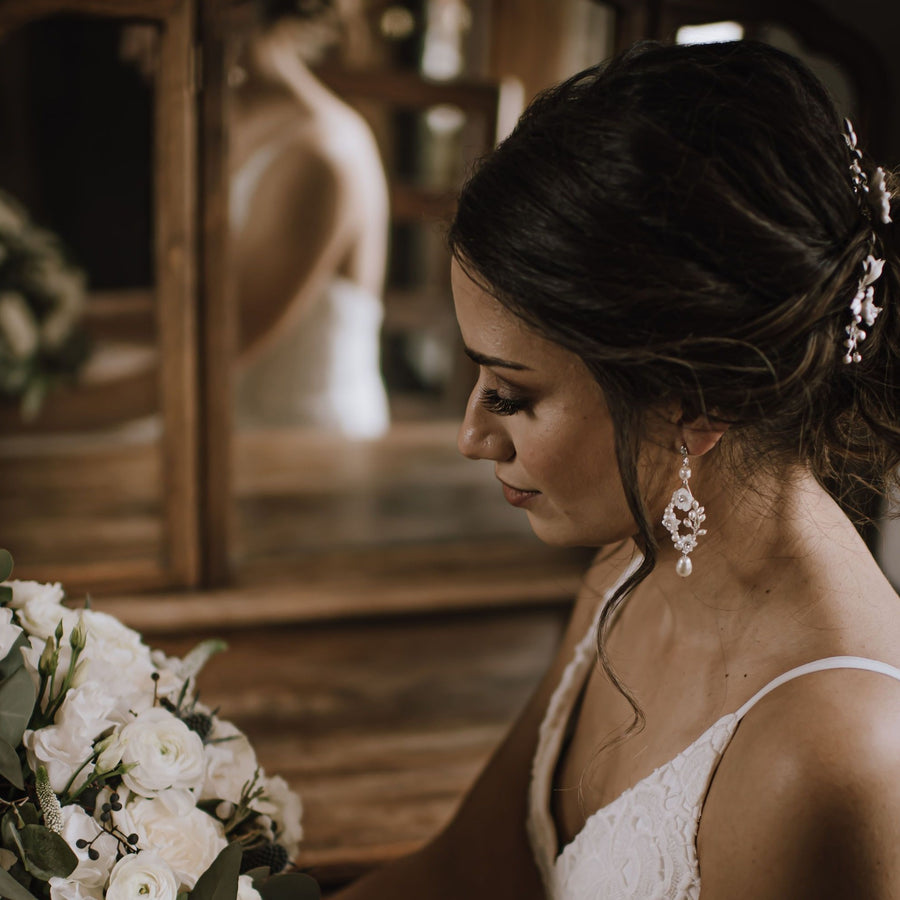 Calista Flower and Pearl Bridal Earrings