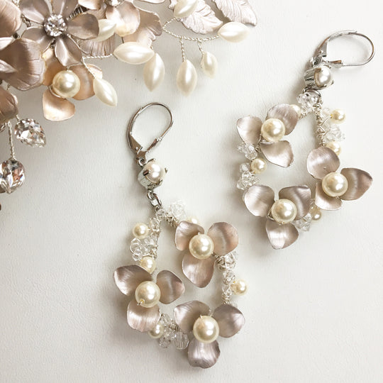 Champagne Anyone? Champagne and Pearl Bridal Headpiece and Wedding Earrings