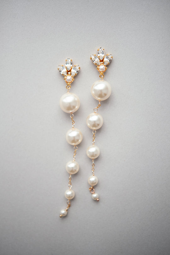 Statement long crystal and pearl wedding earrings by Joanna Bisley Designs.