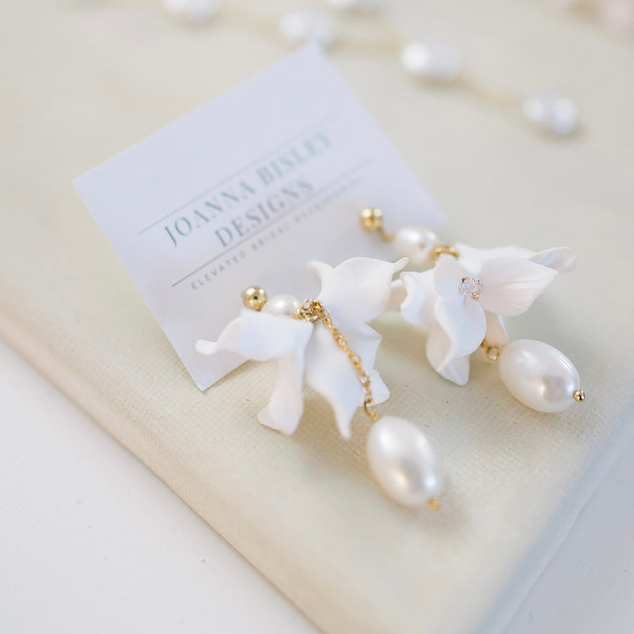 Beautiful luxury Baroque Pearl and Flower Bridal Earrings bu Joanna Bisley Designs.