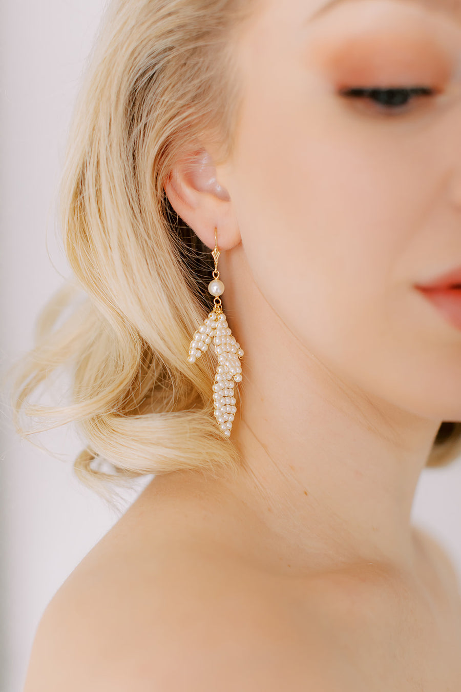 Saffron Pearl Leaf Bridal Earrings - Short