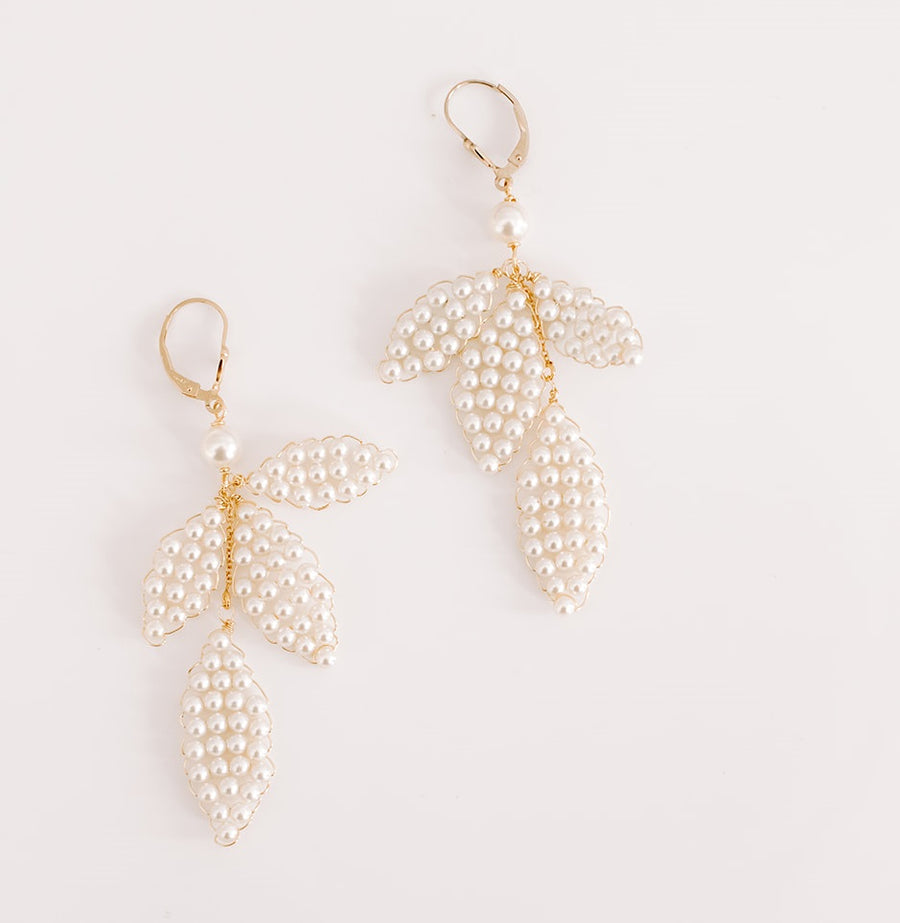 Close up unique bridal pearl earrings by Joanna Bisley Designs.