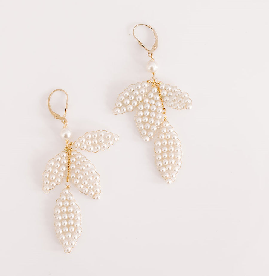Saffron Pearl Leaf Bridal Earrings - Short