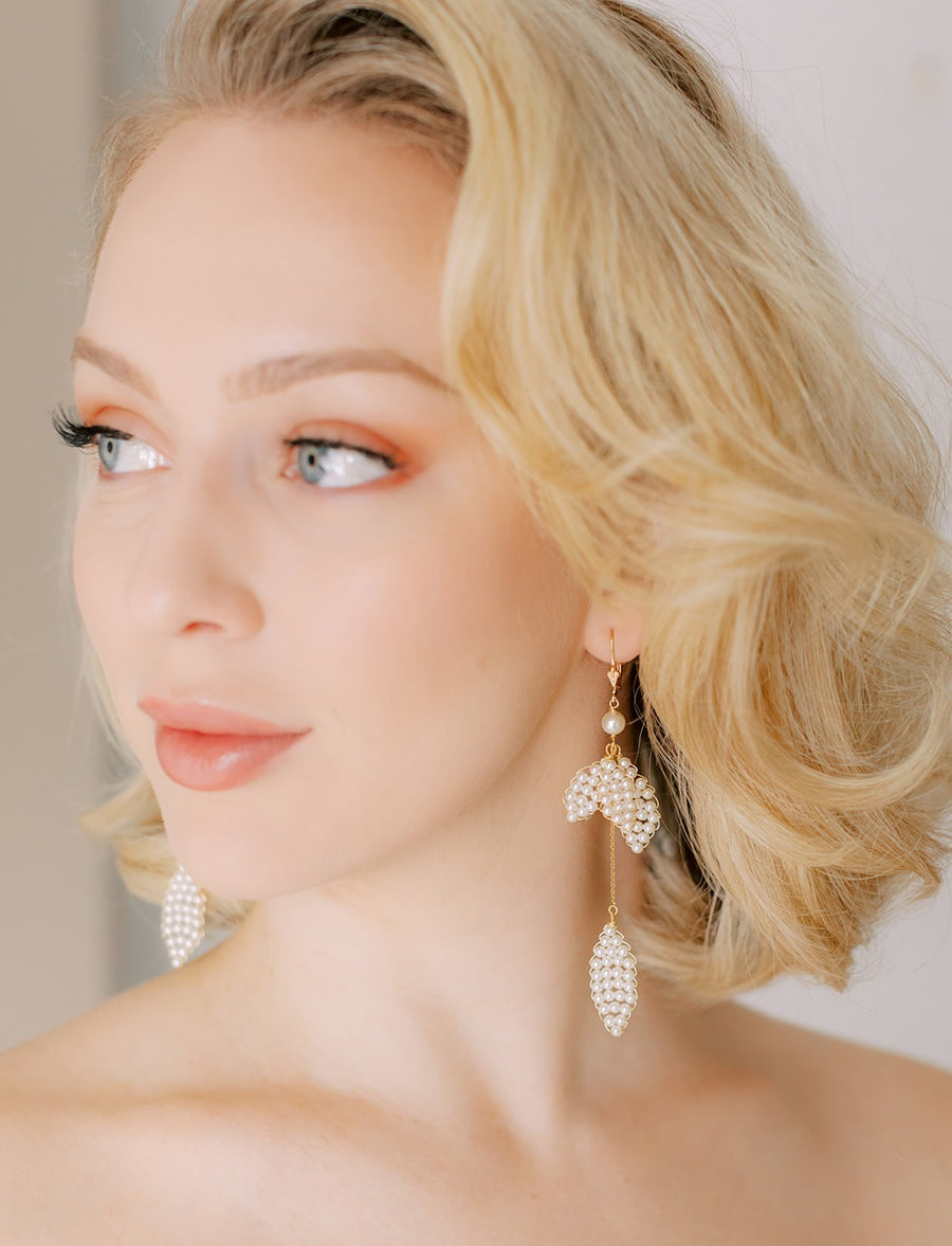 Saffron Pearl Leaf Bridal Earrings - Long