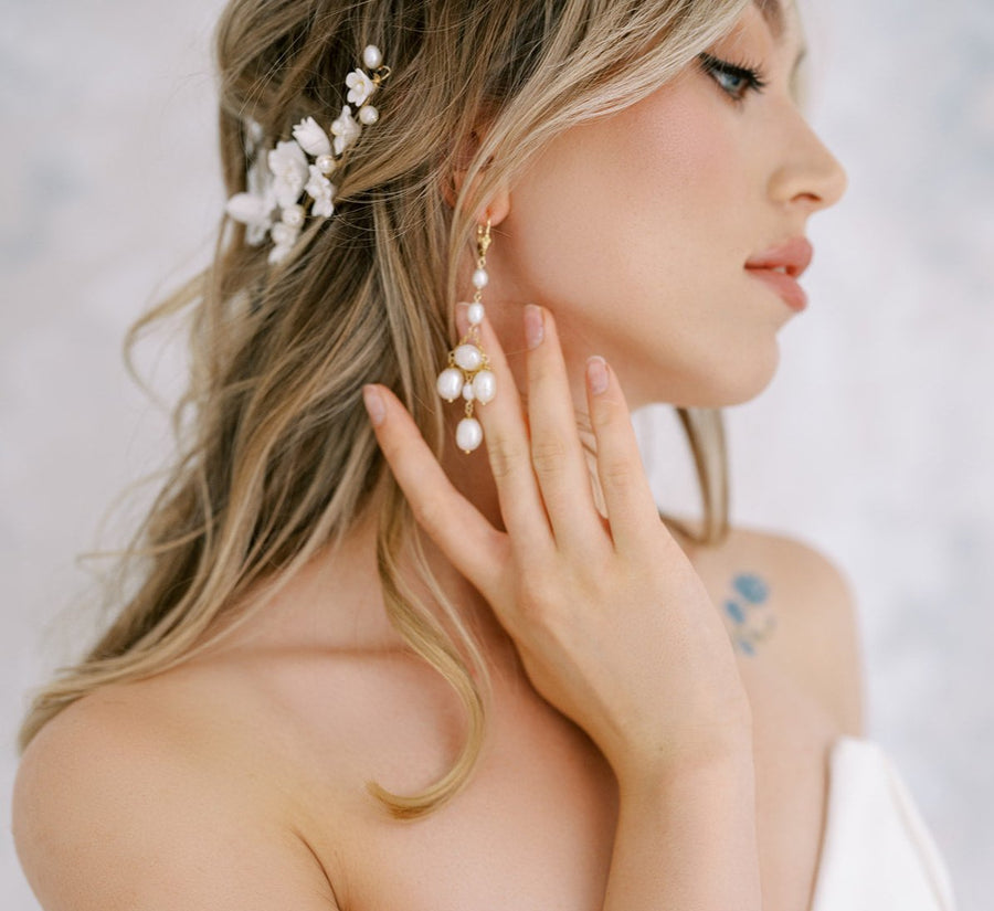 Bride Pearl Wedding Chandelier Earrings and flower bridal comb.