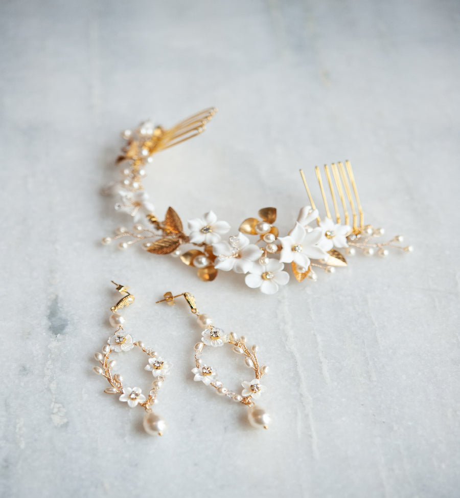 Calista Flower and Pearl Bridal Earrings