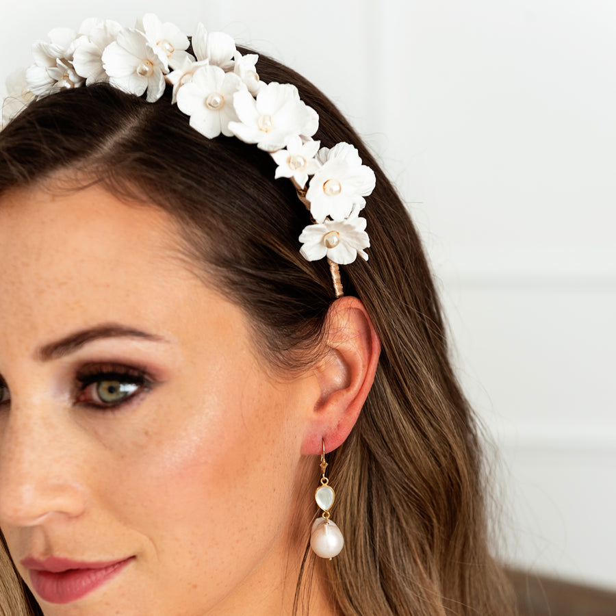 Bridal flower crown with baroque pearl earrings by Canadian Wedding Accessories Designer Joanna Bisley Designs 