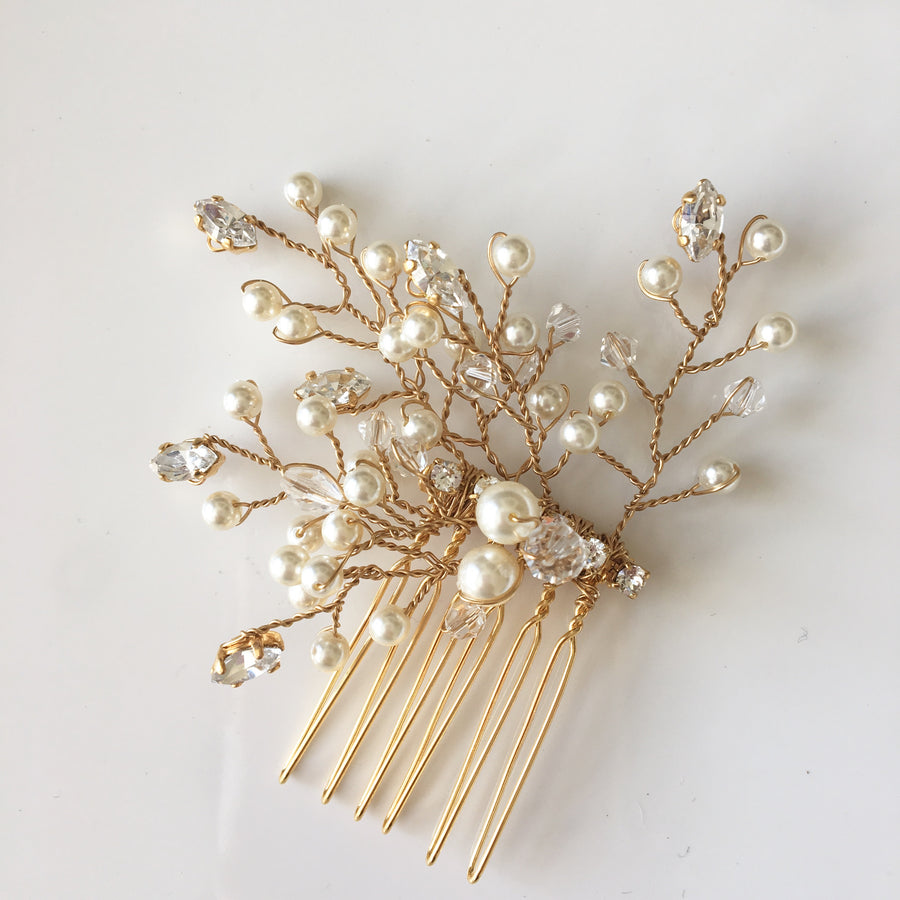 Gold bridal comb with Swarovski Crystals and pearls