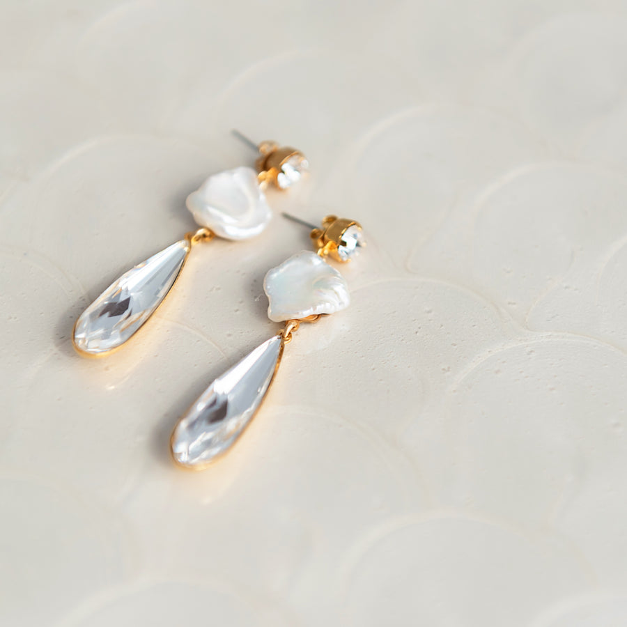 Crystal and Keshi pearl bridal earrings.